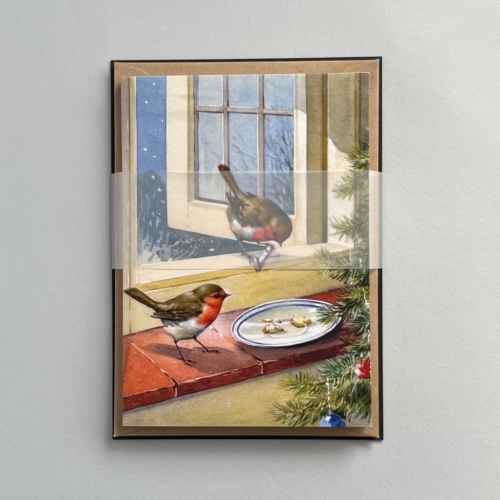Christmas Greetings Cards Set of 5, Robins on Window Ledge