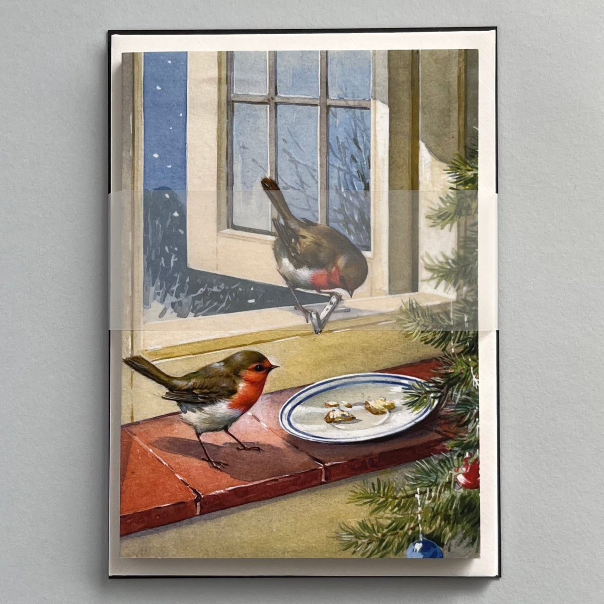 Christmas Greetings Cards Set of 5, Robins on Window Ledge