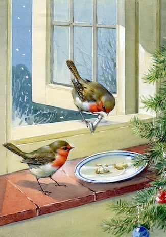 Christmas Greetings Cards Set of 5, Robins on Window Ledge